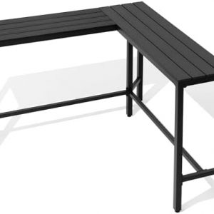 Outdoor Bar Table, 55" L-Shaped Pub Table with Slatted Waterproof Top