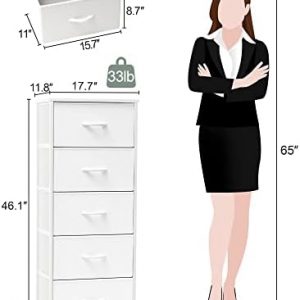 Tall Dresser Vertical Fabric Storage Tower Organizer, 5 Drawers (White)
