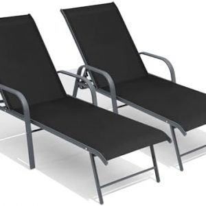 Crestlive Products Lounge Chair Outdoor with Armrests, Pool Lounge Chairs Set of 2, Aluminum Adjustable 5 Positions Tanning Chairs for Outside, Patio, Poolside, Yard, Deck, Backyard (Black)