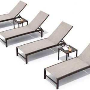 Crestlive Products 4PCS Chaise Lounge Chairs Outdoor with 2PCS Side Tables, Aluminum Patio Lounge Set, Adjustable Five-Position Recliner for Beach, Pool, Sunbathing, Lawn, Yard