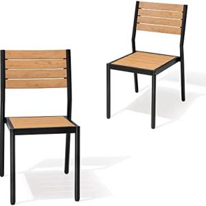 Crestlive Products Stackable Aluminum Outdoor Dining Chair, Patio Chair with Wood Grain WPC Seat & Back, Modern All-Weather Armless Chairs for Patio, Backyard, Poolside, Brown