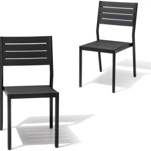 Crestlive Products Stackable Outdoor Dining Chairs Set of 2, All Weather Armless Patio Chairs with Aluminum Frame Woodgrain Seat and Back for Lawn Garden Backyard Deck Porch Yard, Black