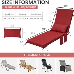 Crestlive Foldable Outdoor Lounge Chair Cushions w/Pillow&Pocket, 72"x21"