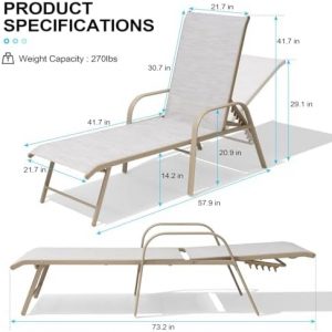 Crestlive Products Chaise Lounge Chair Outdoor with Armrests, Pool Lounge Chairs Set of 2, Aluminum Adjustable 5 Positions Sun Tanning Lounger for Patio, Poolside, Yard, Deck, Backyard (Mix Color)