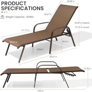 Crestlive Products Outdoor Chaise Lounge Chair, 5-Position Pool Lounge Chairs with Armrests Sunbathing Recliner for Patio, Beach, Deck, Yard (2PC Brown)