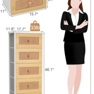 Crestlive Products Rattan Dresser, Tall Fabric Storage Tower, Chests of Drawers with Handles - Organizer Unit for Bedroom, Hallway, Entryway, Closets - 5 Drawers (Natural Drawers, White Top & Frame)