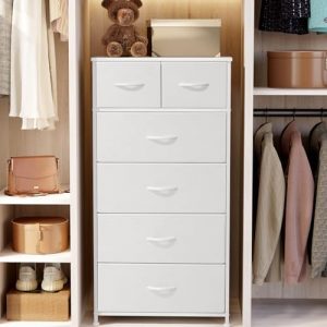 Tall Dresser for Bedroom, 6 Drawers Vertical Fabric Dresser (White)