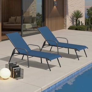Crestlive Products Outdoor Chaise Lounge Chair,5-Position Pool Lounge Chairs with Armrests Sunbathing Recliner for Patio, Beach, Deck, Yard (2PC Navy Blue)