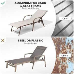 Crestlive Products Chaise Lounge Chair Outdoor with Armrests, Pool Lounge Chairs Set of 2, Aluminum Adjustable 5 Positions Sun Tanning Lounger for Patio, Poolside, Yard, Deck, Backyard (Beige)