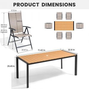 Crestlive Products 7 Pieces Patio Dining Set for 6, Outdoor Table and Folding Dining Chairs 70in Rectangle Aluminum Table with Umbrella Hole Foldable Adjustable High Back Patio Chairs, Brown