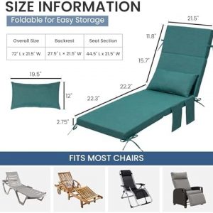 Crestlive Foldable Outdoor Lounge Chair Cushions w/Pillow&Pocket, 72"x21"