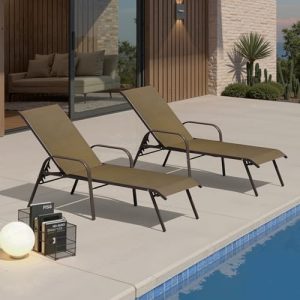 Crestlive Products Outdoor Chaise Lounge Chair, 5-Position Pool Lounge Chairs with Armrests Sunbathing Recliner for Patio, Beach, Deck, Yard (2PC Brown)