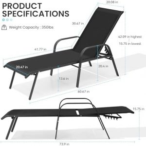 Crestlive Products Outdoor Chaise Lounge Chair,5-Position Pool Lounge Chairs with Armrests Sunbathing Recliner for Patio, Beach, Deck, Yard (2PC Black)