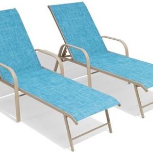 Crestlive Products Chaise Lounge Chair Outdoor with Armrests, Pool Lounge Chairs Set of 2, Aluminum Adjustable 5 Positions Sun Tanning Lounger for Patio, Poolside, Yard, Deck, Backyard (Blue)