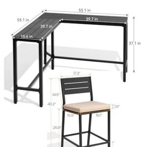Outdoor Bar Table and Chairs Set of 5, Corner Pub Set with 4 Stools