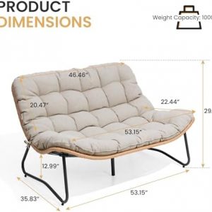 Outdoor Loveseat, Boho Rattan Patio Couch with Soft Cushion (Beige)