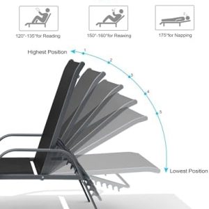 Crestlive Products Lounge Chair Outdoor with Armrests, Pool Lounge Chairs Set of 2, Aluminum Adjustable 5 Positions Tanning Chairs for Outside, Patio, Poolside, Yard, Deck, Backyard (Black)
