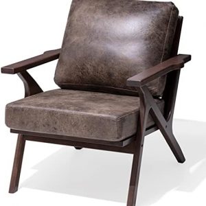 Crestlive Products Mid-Century Accent Armchair, Farmhouse Upholstered Wooden Lounge Chair with Cushions for Living Room, Bedroom, Dorm (Brown)