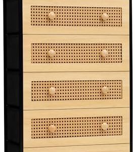 Crestlive Products Rattan Dresser Tall Storage Tower, Chests of Drawers, Easy Pull Fabric Bins, Wood Handles - Organizer Unit for Bedroom, Entryway, Closets - 7 Natural Drawers, Black Top & Frame