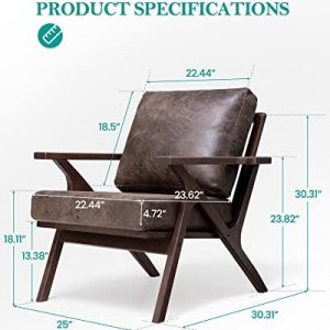 Crestlive Products Mid-Century Accent Armchair, Farmhouse Upholstered Wooden Lounge Chair with Cushions for Living Room, Bedroom, Dorm (Brown)