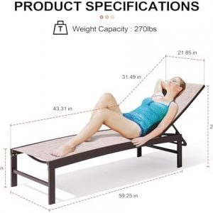Crestlive Products Lounge Chair Outdoor Set of 2, Metal Pool Chaise Lounge Chairs, Adjustable Five-Position Tanning Recliner, All Weather for Patio, Beach, Yard, Pool (Beige)
