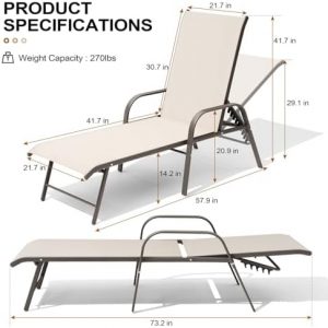 Crestlive Products Chaise Lounge Chair Outdoor with Armrests, Pool Lounge Chairs Set of 2, Aluminum Adjustable 5 Positions Sun Tanning Lounger for Patio, Poolside, Yard, Deck, Backyard (Champagne)