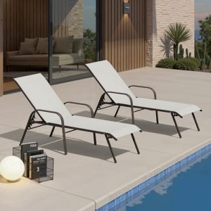 Crestlive Products Outdoor Chaise Lounge Chair,5-Position Pool Lounge Chairs with Armrests Sunbathing Recliner for Patio, Beach, Deck, Yard (2PC Gray)