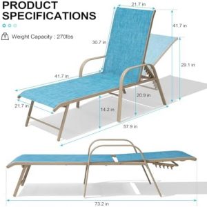 Crestlive Products Chaise Lounge Chair Outdoor with Armrests, Pool Lounge Chairs Set of 2, Aluminum Adjustable 5 Positions Sun Tanning Lounger for Patio, Poolside, Yard, Deck, Backyard (Blue)