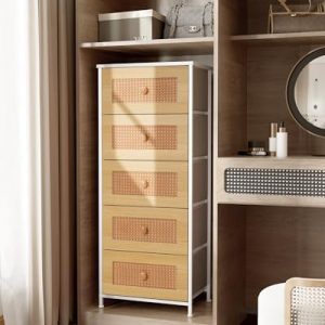 Crestlive Products Rattan Dresser, Tall Fabric Storage Tower, Chests of Drawers with Handles - Organizer Unit for Bedroom, Hallway, Entryway, Closets - 5 Drawers (Natural Drawers, White Top & Frame)
