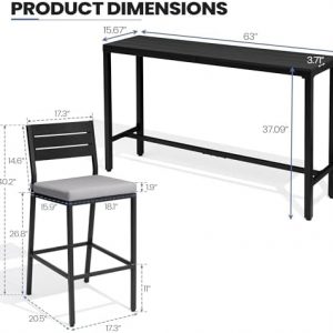 Outdoor Bar Table and Chairs Set of 3, 63" Patio Bar Set with 2 Stools