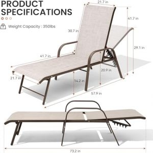 Crestlive Products Chaise Lounge Chair Outdoor with Armrests, Pool Lounge Chairs Set of 2, Aluminum Adjustable 5 Positions Sun Tanning Lounger for Patio, Poolside, Yard, Deck, Backyard (Beige)