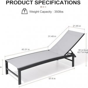 Crestlive Products Chaise Lounge Chair Outdoor Set of 4, Adjustable 5 Positions Pool Lounge Chairs, Metal Tanning Recliner, Outdoor Furniture All Weather for Patio, Beach, Yard, Pool(Light Grey)