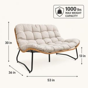 Outdoor Loveseat with Soft Cushion，Boho Rattan Patio 2-Seat Sofa (Beige)