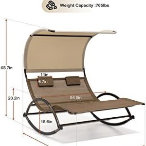 Crestlive Products Outdoor Double Chaise Lounge Chair with Canopy & Wheels, 2 Person Patio Rocking Lounge Chair with Headrests & Sun Shade for Backyard, Poolside, Garden (Brown)
