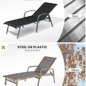 Crestlive Products Lounge Chair Outdoor with Armrests, Pool Lounge Chairs Set of 2, Aluminum Adjustable 5 Positions Tanning Chairs for Outside, Patio, Poolside, Yard, Deck, Backyard (Black)