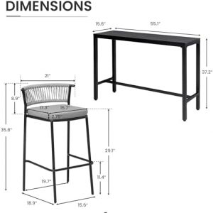 Outdoor Bar Table Set of 3, 55" Waterproof Table with 2 Rattan Chairs