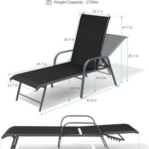 Crestlive Products Lounge Chair Outdoor with Armrests, Pool Lounge Chairs Set of 2, Aluminum Adjustable 5 Positions Tanning Chairs for Outside, Patio, Poolside, Yard, Deck, Backyard (Black)