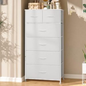 Tall Dresser for Bedroom, 6 Drawers Vertical Fabric Dresser (White)