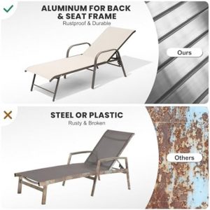 Crestlive Products Chaise Lounge Chair Outdoor with Armrests, Pool Lounge Chairs Set of 2, Aluminum Adjustable 5 Positions Sun Tanning Lounger for Patio, Poolside, Yard, Deck, Backyard (Champagne)