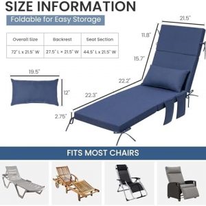 Crestlive Foldable Outdoor Lounge Chair Cushions w/Pillow&Pocket, 72"x21"