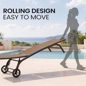 Pool Lounge Chairs with Wheels, Chaise Lounge Chairs Set of 2 (Brown)