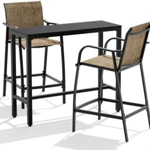 Outdoor Bar Table and Chairs Set of 3, Mesh Seat Patio Counter Stools