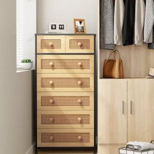 Crestlive Products Rattan Dresser Tall Storage Tower, Chests of Drawers, Easy Pull Fabric Bins, Wood Handles - Organizer Unit for Bedroom, Entryway, Closets - 7 Natural Drawers, Black Top & Frame