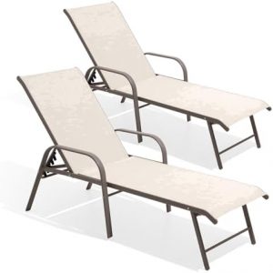 Crestlive Products Chaise Lounge Chair Outdoor with Armrests, Pool Lounge Chairs Set of 2, Aluminum Adjustable 5 Positions Sun Tanning Lounger for Patio, Poolside, Yard, Deck, Backyard (Champagne)