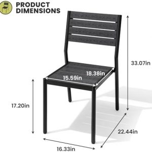 Crestlive Products Stackable Outdoor Dining Chairs Set of 2, All Weather Armless Patio Chairs with Aluminum Frame Woodgrain Seat and Back for Lawn Garden Backyard Deck Porch Yard, Black
