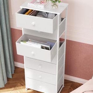 Fabric Dresser for Bedroom, 7-Drawer Tall Vertical Storage Tower (White)