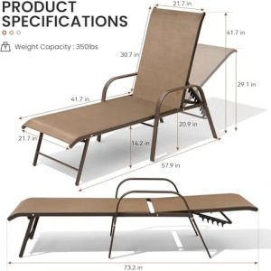 Crestlive Products Chaise Lounge Chair Outdoor with Armrests, Pool Lounge Chairs Set of 2, Aluminum Adjustable 5 Positions Sun Tanning Lounger for Patio, Poolside, Yard, Deck, Backyard (Brown)