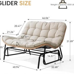Outdoor Glider Bench 2-Person Rattan Patio Glider with Soft Cushion(Beige)