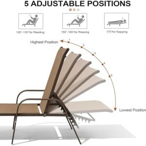 Crestlive Products Chaise Lounge Chair Outdoor with Armrests, Pool Lounge Chairs Set of 2, Aluminum Adjustable 5 Positions Sun Tanning Lounger for Patio, Poolside, Yard, Deck, Backyard (Brown)