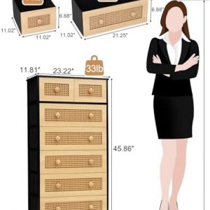 Crestlive Products Rattan Dresser Tall Storage Tower, Chests of Drawers, Easy Pull Fabric Bins, Wood Handles - Organizer Unit for Bedroom, Entryway, Closets - 7 Natural Drawers, Black Top & Frame